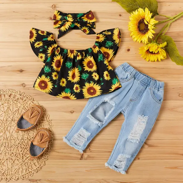 Set pentru bebe cu maneca scurta cu imprimeu floarea soarelui 3 piese - 6-9 luni