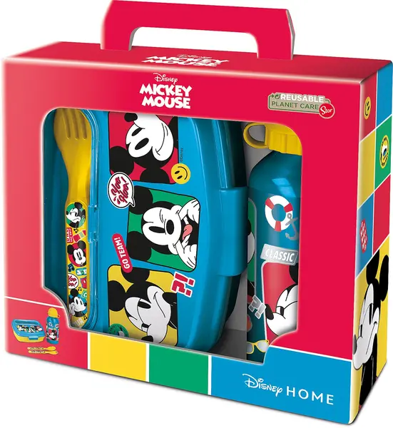 Set pentru copii Stor Mickey Mouse - Sticlă, cutie pentru mâncare și tacâmuri