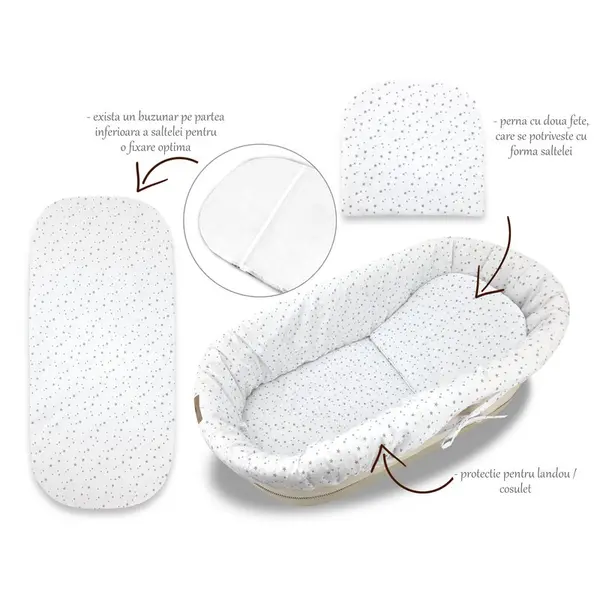 Set pentru landou/cosulet, MimiNu, Cu protectie, saltea si pernuta, Din bumbac certificat Oeko Tex Standard 100, Mini Gray Stars