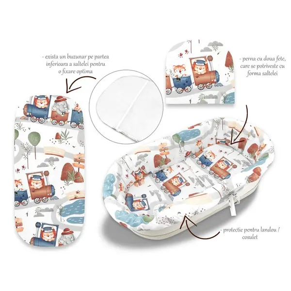Set pentru landou/cosulet, MimiNu, Cu protectie, saltea si pernuta, Din bumbac certificat Oeko Tex Standard 100, Design, Zoo in train