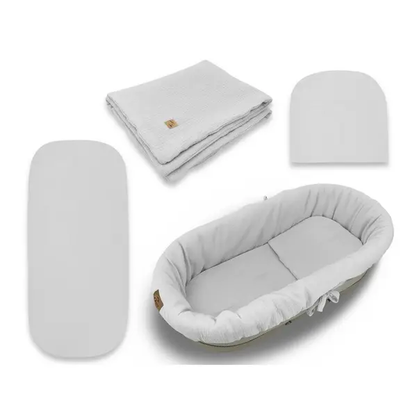 Set pentru landou/cosulet, Qmini, Cu protectie, pilota, saltea, pernuta, Din muselina dubla, Material certificat Oeko Tex Standard 100, Grey