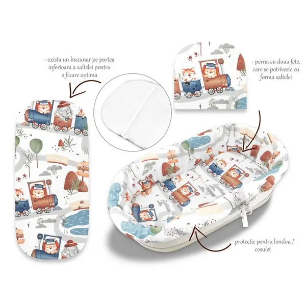 Set pentru landoucosulet MimiNu cu protectie, saltea si pernuta din bumbac design Zoo in train