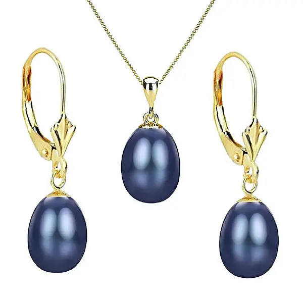 Set Perle AAA - Aur Galben 14K, Perle Naturale Negre, Forma Lacrima, 8 5 mm KASKADDA