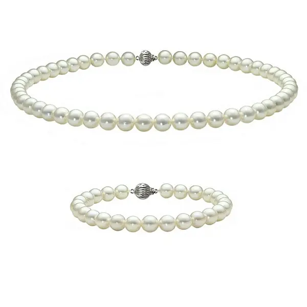 Set Perle AAA - Colier si Bratara cu Aur Alb 14K, Perle Naturale Akoya Japoneze 7,5-8 mm KASKADDA