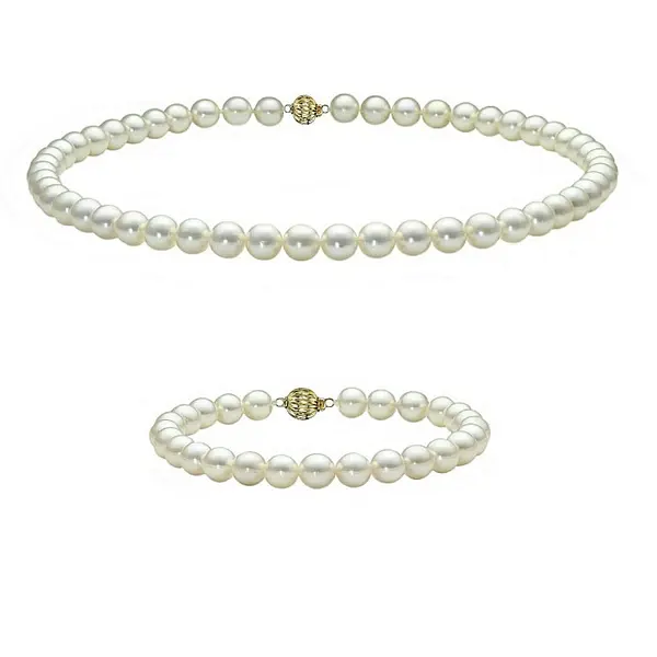 Set Perle AAA - Colier si Bratara cu Aur Galben 14K, Perle Naturale Akoya Japoneze, 7,5-8 mm KASKADDA