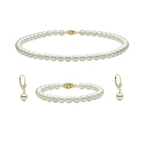 Set Perle Akoya Japoneze 5,5-6 mm - Colier, Bratara si Cercei cu Inchizatori Filigranate, Aur Galben 14K KASKADDA