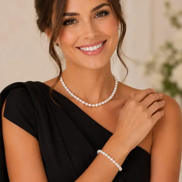 Set Perle Akoya Japoneze 5,5-6 mm - Colier E i Bratara cu Inchizatori din Aur Alb 14K KASKADDA