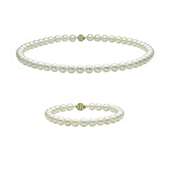 Set Perle Akoya Japoneze 5,5-6 mm - Colier si Bratara cu Inchizatori Sferice, Aur Galben 14K KASKADDA