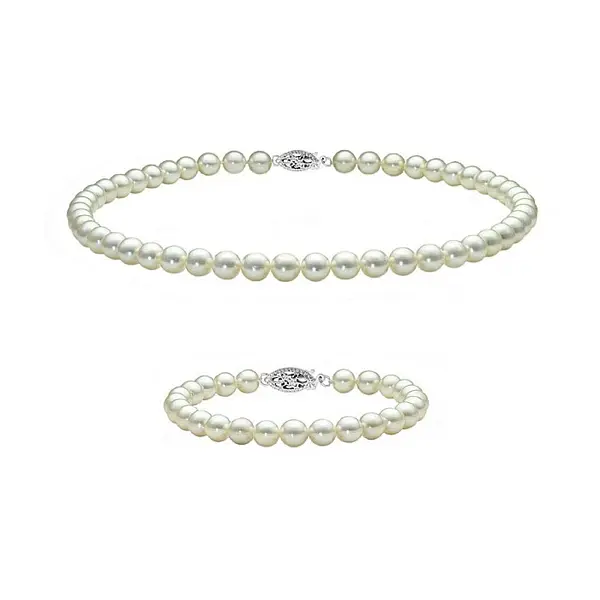 Set Perle Akoya Japoneze 5,5-6 mm - Colier si Bratara cu Inchizatori Filigranate, Aur Alb 14K KASKADDA