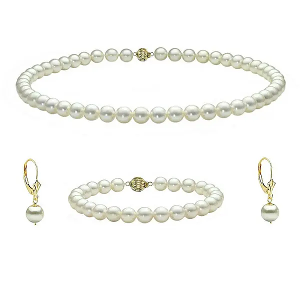 Set Perle Akoya Japoneze 7,5-8 mm - Colier, Bratara si Cercei, Aur Galben 14K KASKADDA