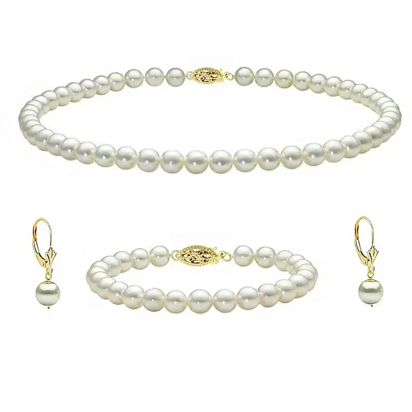 Set Perle Akoya Japoneze 7,5-8 mm - Colier, Bratara si Cercei cu Inchizatori Filigranate, Aur Galben 14K KASKADDA