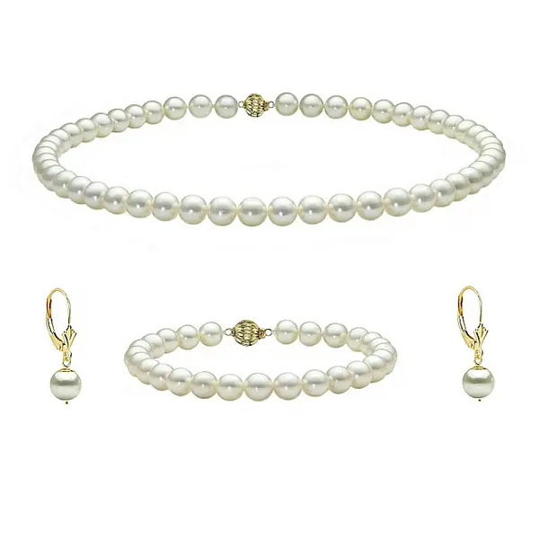Set Perle Akoya Japoneze 7-7,5 mm - Colier, Bratara si Cercei, Aur Galben 14K KASKADDA