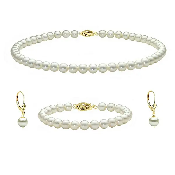 Set Perle Akoya Japoneze 7-7,5 mm - Colier, Bratara si Cercei cu Inchizatori Filigranate, Aur Galben 14K KASKADDA