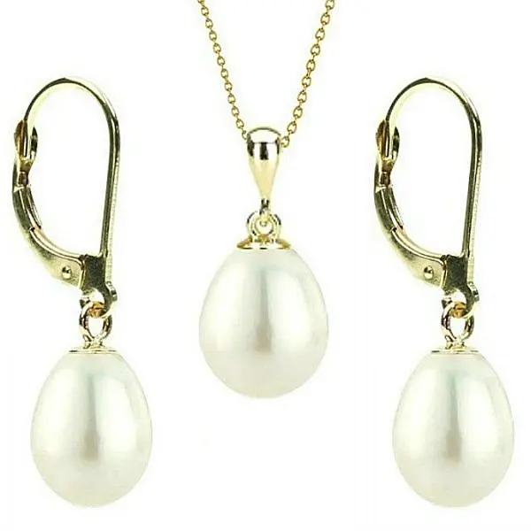 Set Perle Albe Lacrima - Colier E i Cercei, Aur Galben 14K, Perle Naturale 5 8 mm KASKADDA