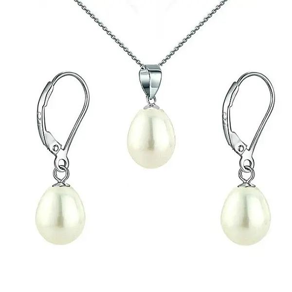 Set Perle Albe Lacrima - Colier si Cercei, Argint Rodiat 925, Perle Naturale 5 8 mm KASKADDA