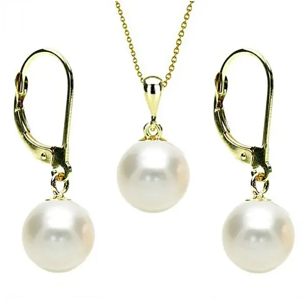 Set Perle - Colier cu Pandantiv si Cercei, Aur 14K, Perle Naturale Albe 8 mm KASKADDA