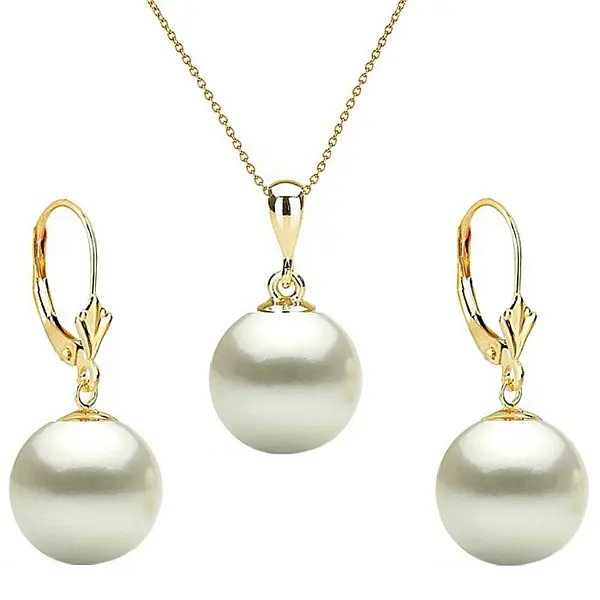 Set Perle - Colier cu Pandantiv si Cercei, Aur Galben 14K, Perle Albe Premium 10 mm KASKADDA