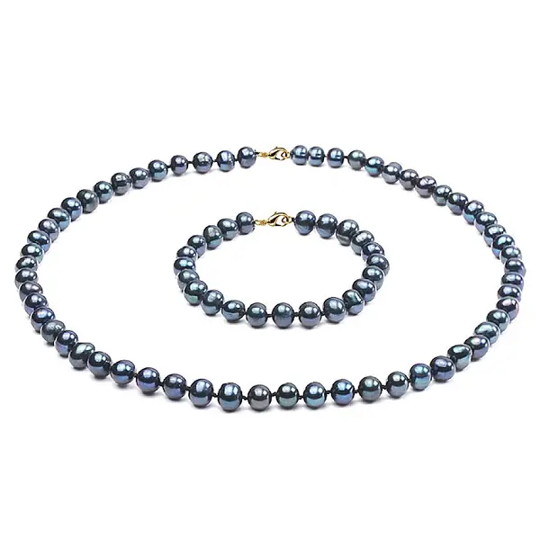 Set Perle - Colier E i Bratara cu Perle Naturale Negre 7-8 mm, Inchizatori Aur Galben 14K KASKADDA