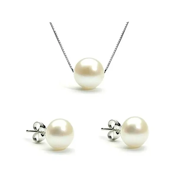 Set Perle - Colier E i Cercei din Argint Rodiat cu Perle Albe Premium 8 mm KASKADDA