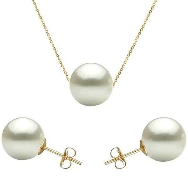 Set Perle - Colier E i Cercei Tip surub, Aur Galben 14K, Perle Albe Premium 8 mm KASKADDA