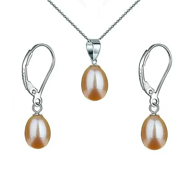 Set Perle Crem Lacrima - Colier cu Pandantiv E i Cercei, Argint 925, Perle Naturale 5 8 mm KASKADDA