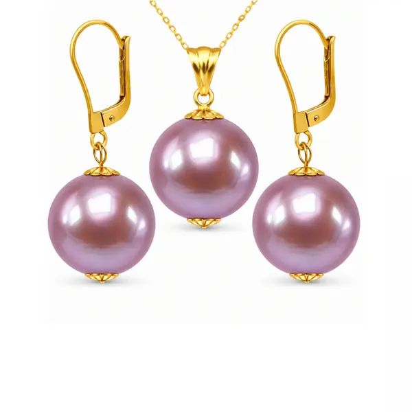 Set Perle Edison Lavanda AAA - Colier E i Cercei Aur Galben 14K, Perle Naturale 11,5-12 mm KASKADDA