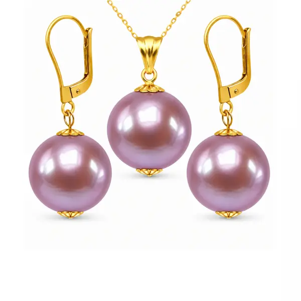 Set Perle Edison Lavanda AAA Rare - Colier si Cercei Aur Galben 14K, Perle Naturale 12,5-13 mm KASKADDA