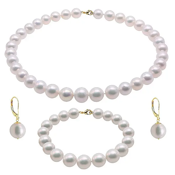 Set Perle Mari - Colier, Bratara E i Cercei Business, Aur Galben 14K, Perle Albe Premium 8,5-9,5 mm KASKADDA