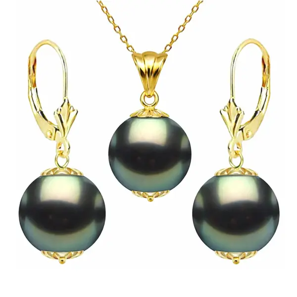Set Perle Negre Tahitiene - Colier cu Pandantiv si Cercei, Aur Galben 14K, Perle Rotunde 9-10 mm, Calitate AAA KASKADDA