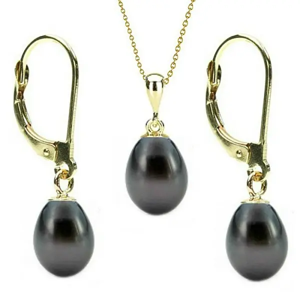 Set Perle Negru-Albastrui Lacrima - Colier E i Cercei, Aur Galben 14K, Perle Naturale 5 8 mm KASKADDA