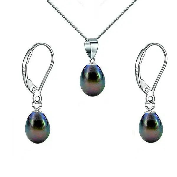 Set Perle Negru-Albastrui Lacrima - Colier si Cercei, Argint Rodiat 925, Perle Naturale 5 8 mm KASKADDA