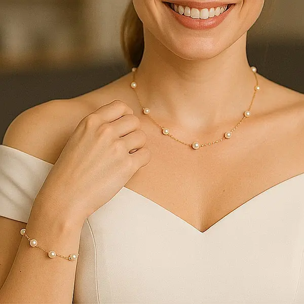 Set Perle Office, Albe, 8 mm - Colier, Bratara si Cercei, Aur Galben 14K KASKADDA