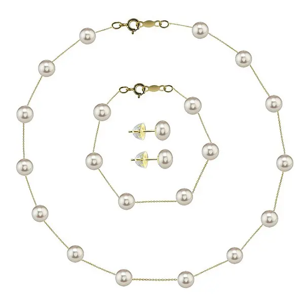 Set Perle Office- Colier, Bratara E i Cercei cu Perle Naturale Albe 4-5 mm, Aur Galben 14K (aur 585) - KASKADDA