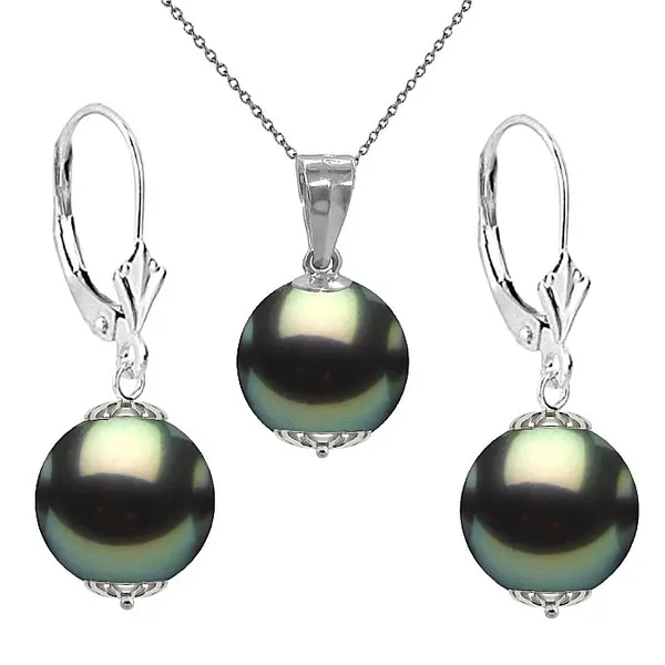 Set Perle Tahitiene - Colier cu Pandantiv E i Cercei, Aur Alb 14K, Perle Rotunde 8-9 mm, Calitate AAA KASKADDA