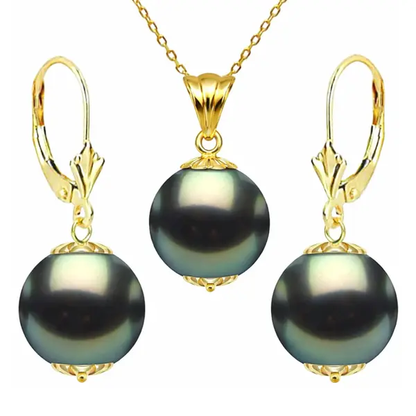 Set Perle Tahitiene Negre - Colier cu Pandantiv E i Cercei, Aur Galben 14K, Perle Rotunde 10-11 mm, Calitate AAA KASKADDA