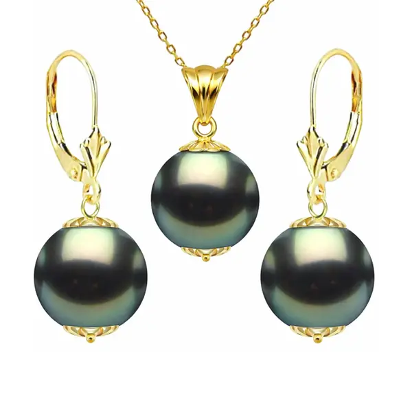 Set PerleNegre Tahitiene - Colier cu Pandantiv E i Cercei, Aur Galben 14K, Perle Naturale 8-9 mm, Calitate AAA KASKADDA