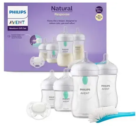 Set PHILIPS AVENT Natural Response SCD657/11: 2 biberoane 125ml + 2 biberoane 260ml + 2 dispozitive AirFree + suzeta + perie biberon, flux lent, 0 luni+ (Multicolor)