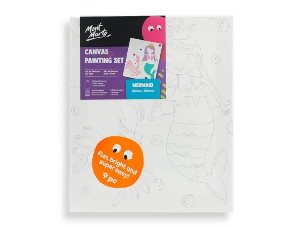 Set pictura pentru copii panza bumbac pretiparita 280 g m ² cu rama din lemn 30x25 cm, 2 pensule si culori acrilice ,tematica sirena