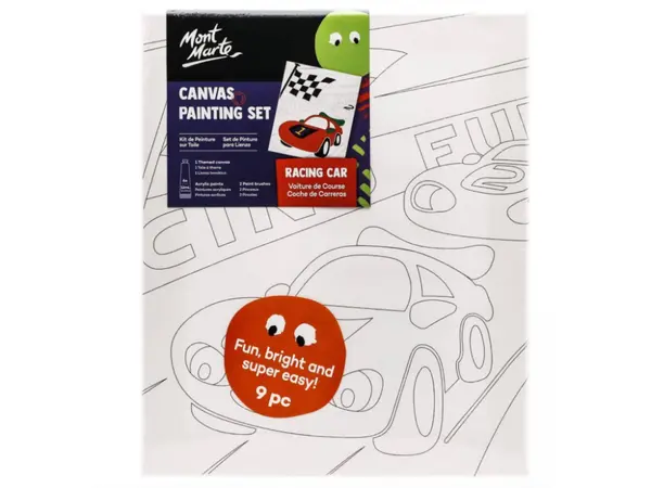 Set pictura pentru copii panza bumbac pretiparita 280 g m ² cu rama din lemn 30x25 cm, 2 pensule si culori acrilice ,tematica masini de curse