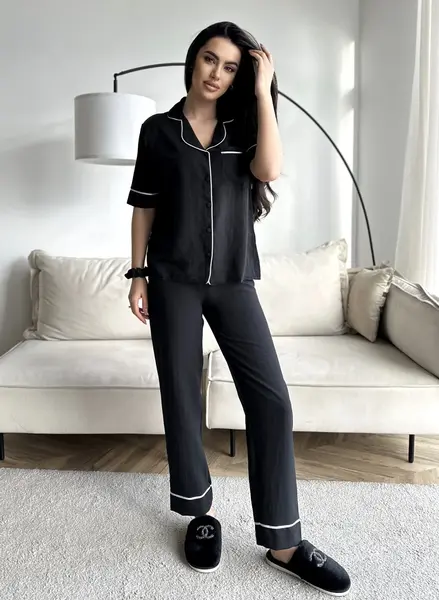 Set pijama dama din doua piese, cu nasturi – 2300134, Negru