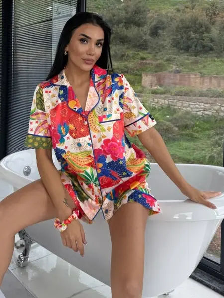 Set pijama dama din doua piese, cu nasturi – 2500151, Tropical Mix
