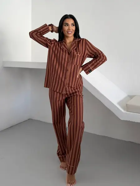 Set pijama dama din doua piese, cu nasturi – 2500292, Maro