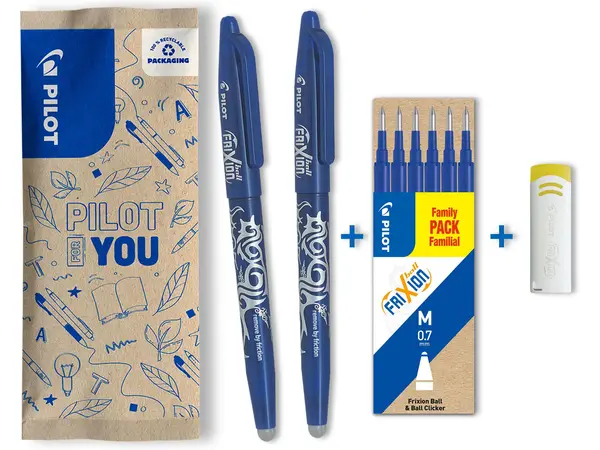 Set Pilot FriXion Ball: 2 rollere 0.7 mm 6 rezerve albastre și radieră Set Pilot FriXion Ball: 2 rollere 0.7 mm 6 rezerve albastre și radieră