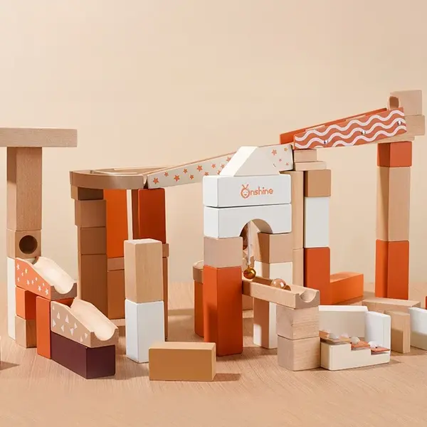 Set piste cu bile din lemn - 60 piese pentru constructii creative si joc educativ