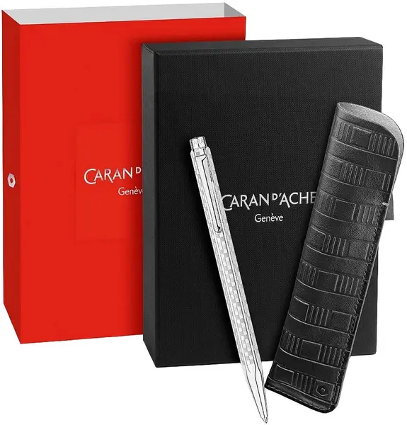 Set pix Caran d'Ache Ecridor - Damier Grey Silver, cu husă din piele