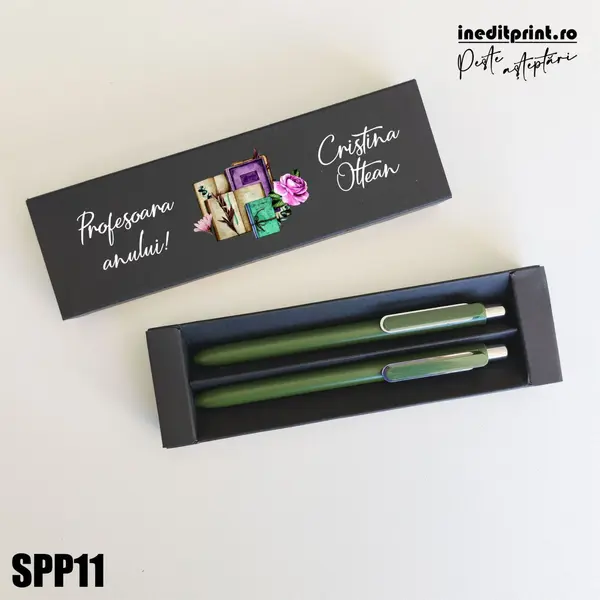 Set pixuri in cutie personalizata - profesori, Set 2 Pixuri Okonel-Negru SPP11 Set Pix + Creion Dayal-Verde inchis