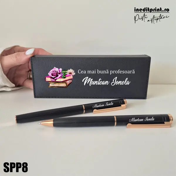 Set pixuri in cutie personalizata - profesori, Set 2 Pixuri Okonel-Negru SPP8 Set 2 Pixuri + Toc Blexa-Negru-Rose