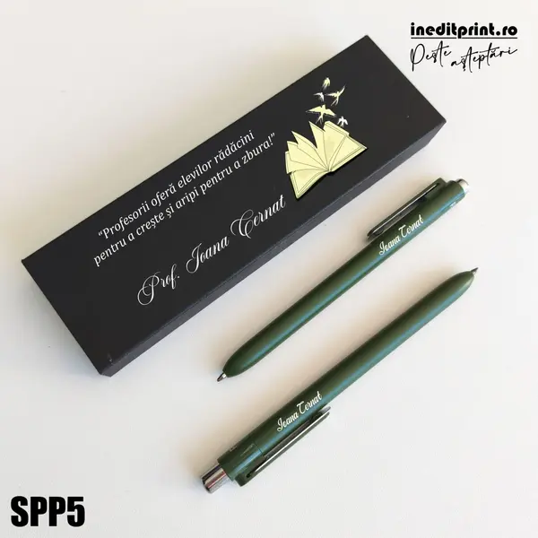 Set pixuri in cutie personalizata - profesori, Set 2 Pixuri Okonel-Negru SPP5 Set Pix + Creion Dayal-Verde inchis