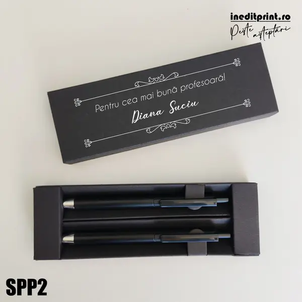Set pixuri in cutie personalizata - profesori, Set 2 Pixuri Okonel-Negru SPP2 Set Pix + Creion Foract-Negru