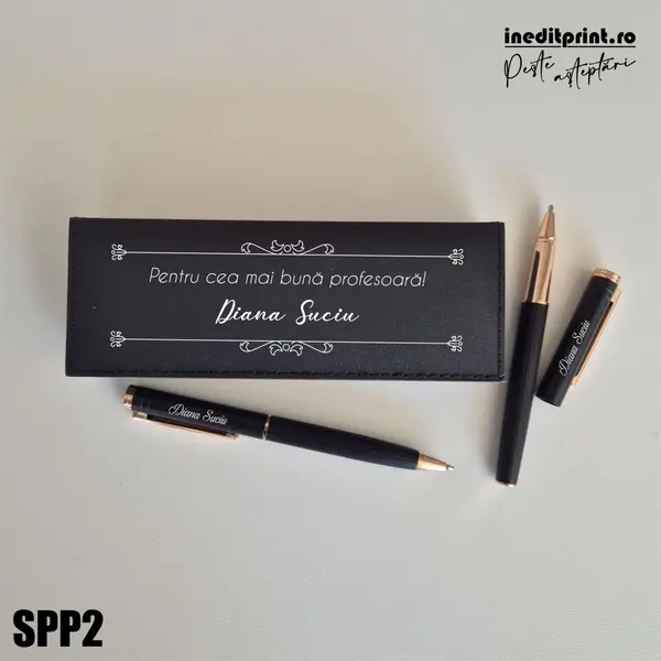 Set pixuri in cutie personalizata - profesori, Set 2 Pixuri Okonel-Negru SPP2 Set 2 Pixuri + Toc Blexa-Negru-Rose